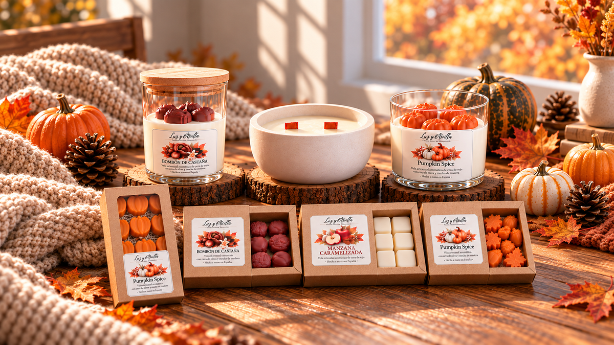 Colección de Otoño de Luz y Arcilla: velas y wax melts Pumpkin Spice, Bombón de Castaña y Manzana Caramelizada