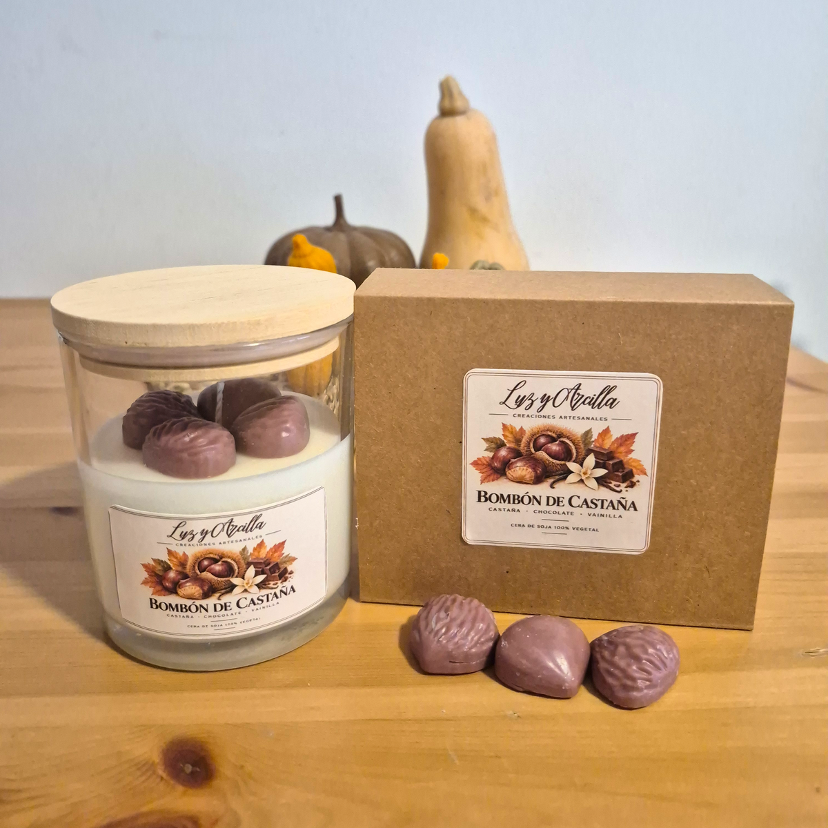 Pack Otoño con vela Bombón de Castaña y Wax Melts Bombón de Castaña