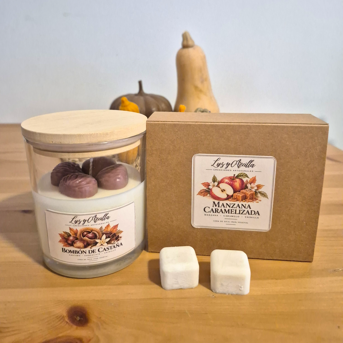 Pack Otoño con vela Bombón de Castaña y Wax Melts Manzana Caramelizada