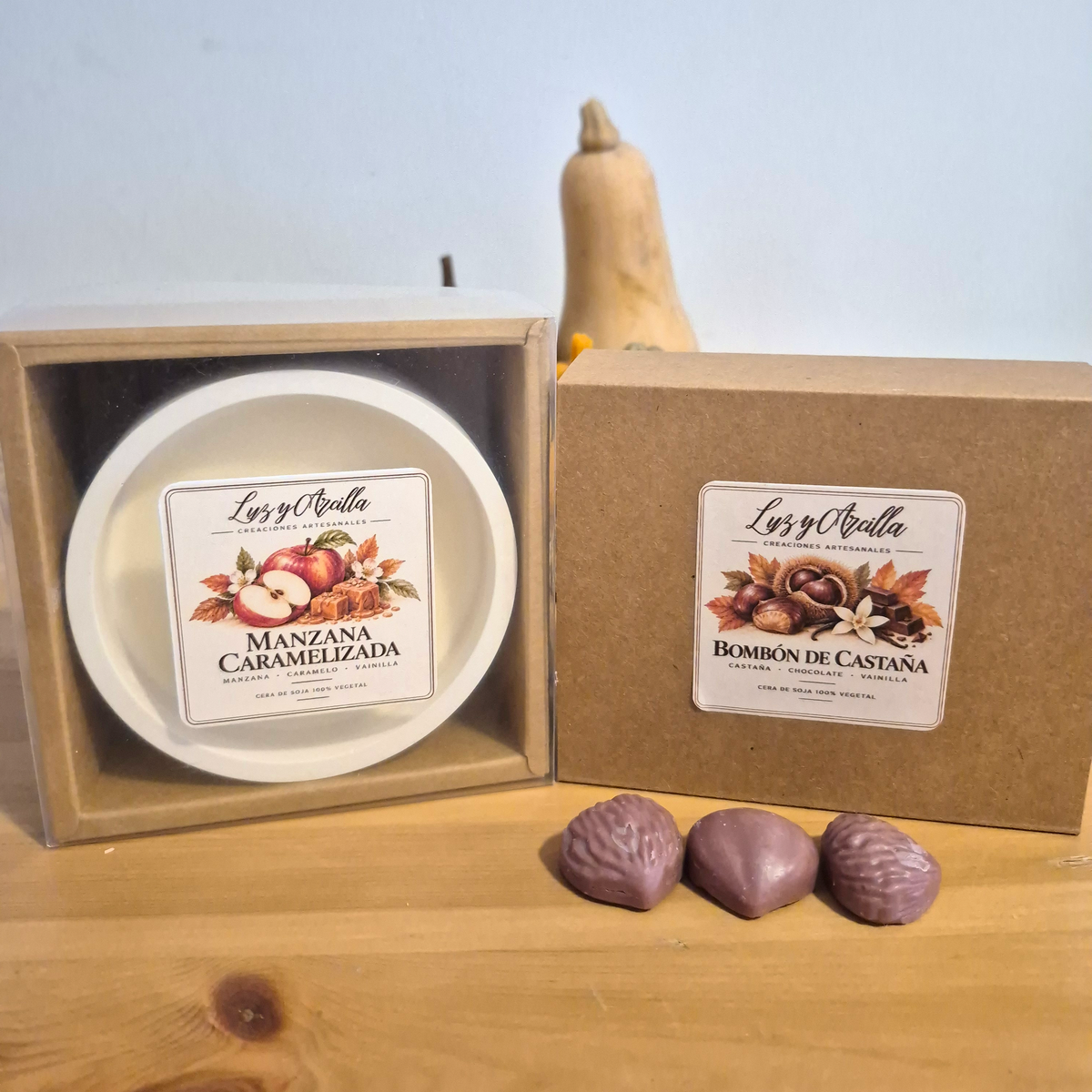 Pack Otoño con vela Manzana Caramelizada y Wax Melts Bombón de Castaña