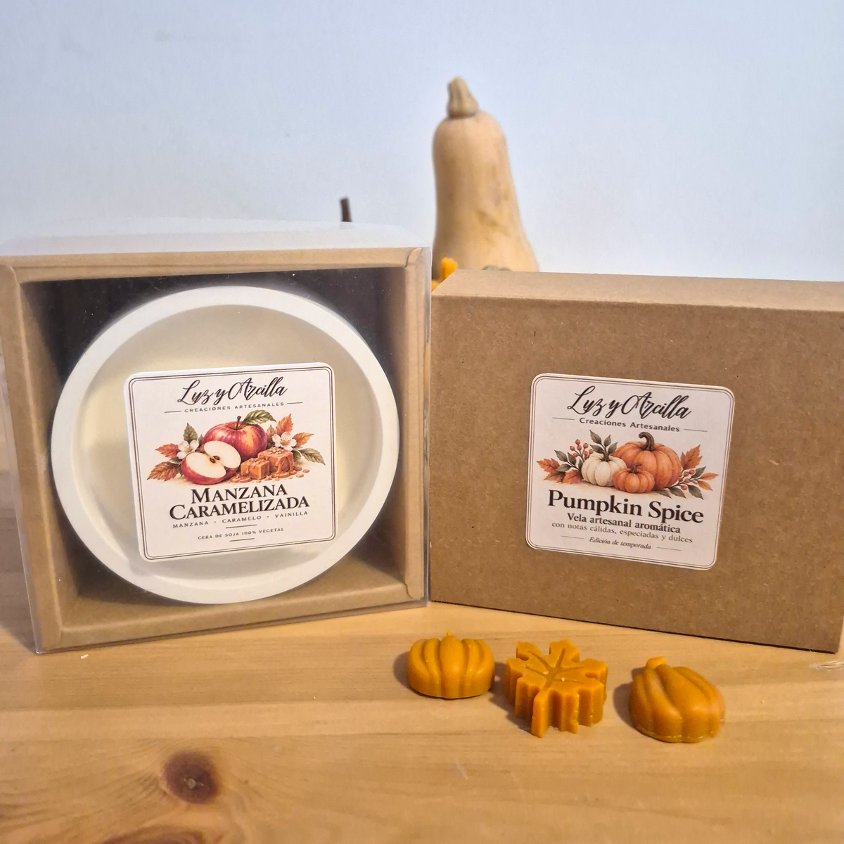 Pack Otoño con vela Manzana Caramelizada y Wax Melts Pumpkin Spice surtido 20 uds