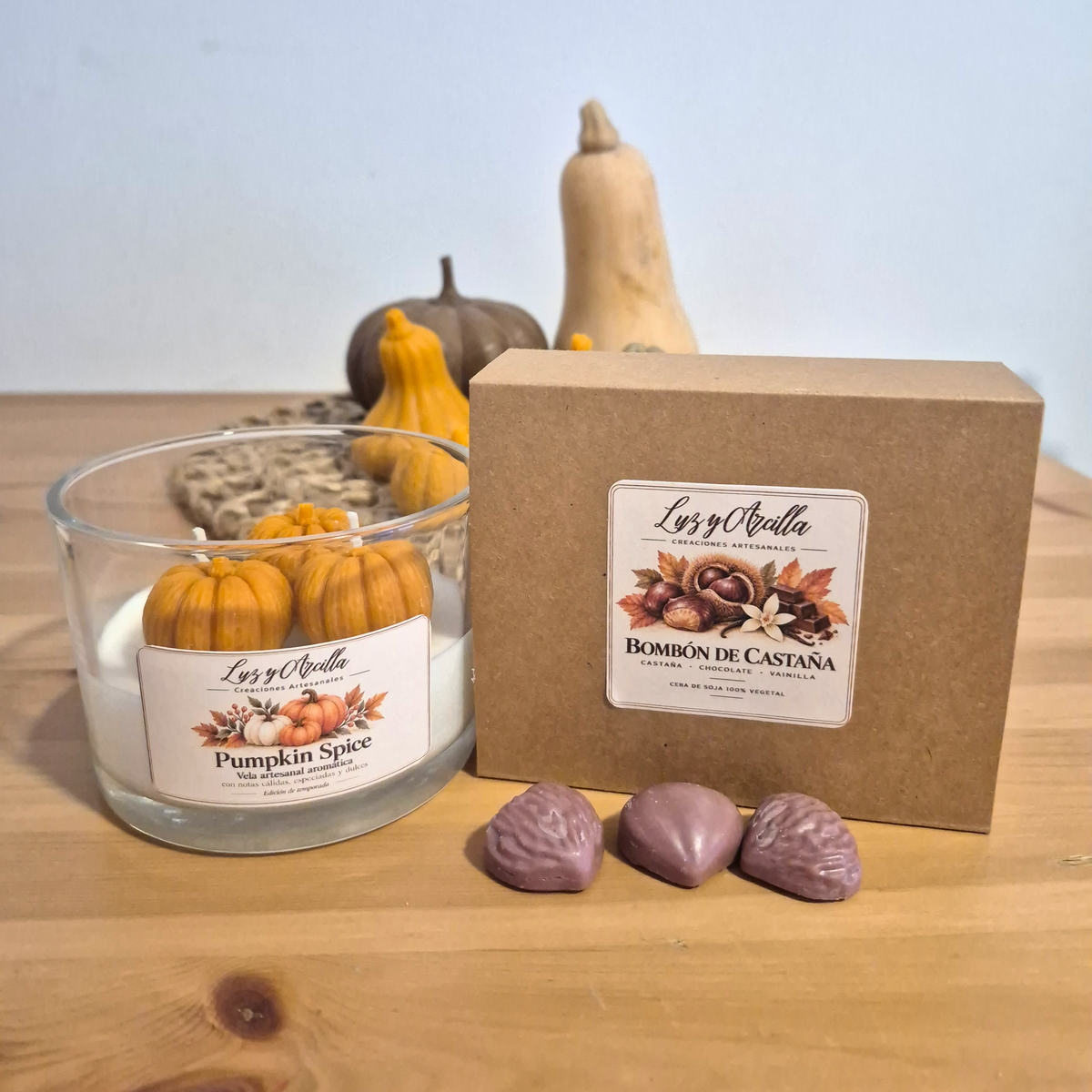 Pack Otoño con vela Pumpkin Spice y Wax Melts Bombón de Castaña