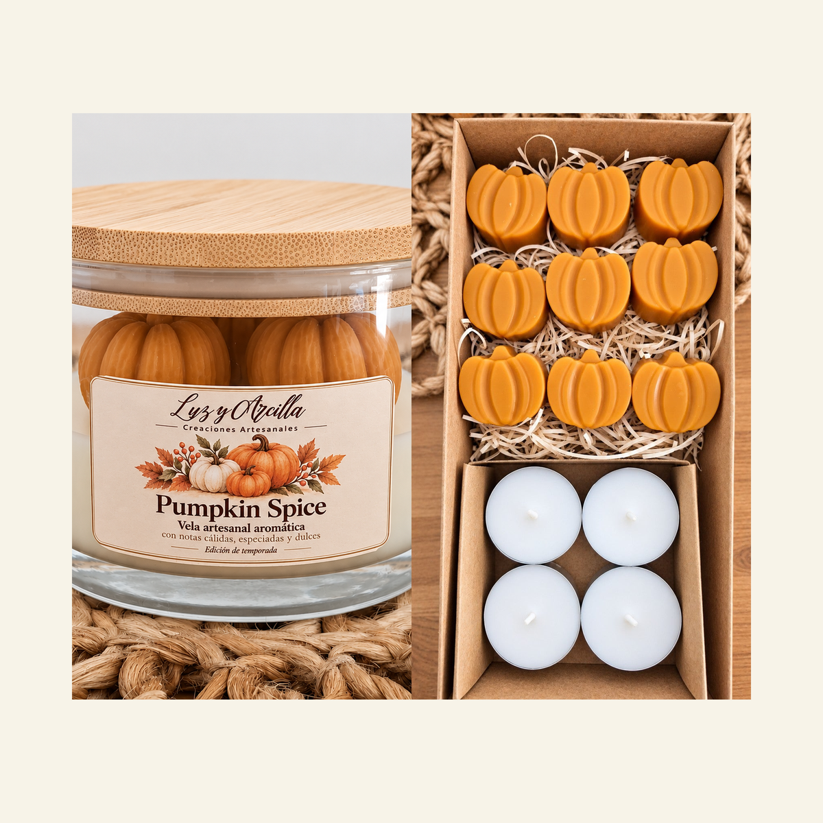 Pack Otoño con vela Pumpkin Spice y Wax Melts Pumpkin Spice 9 mini calabazas con 4 velas de té