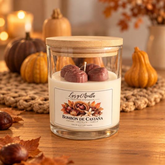 Vela aromática Bombón de Castaña de Luz y Arcilla con tapa de madera
