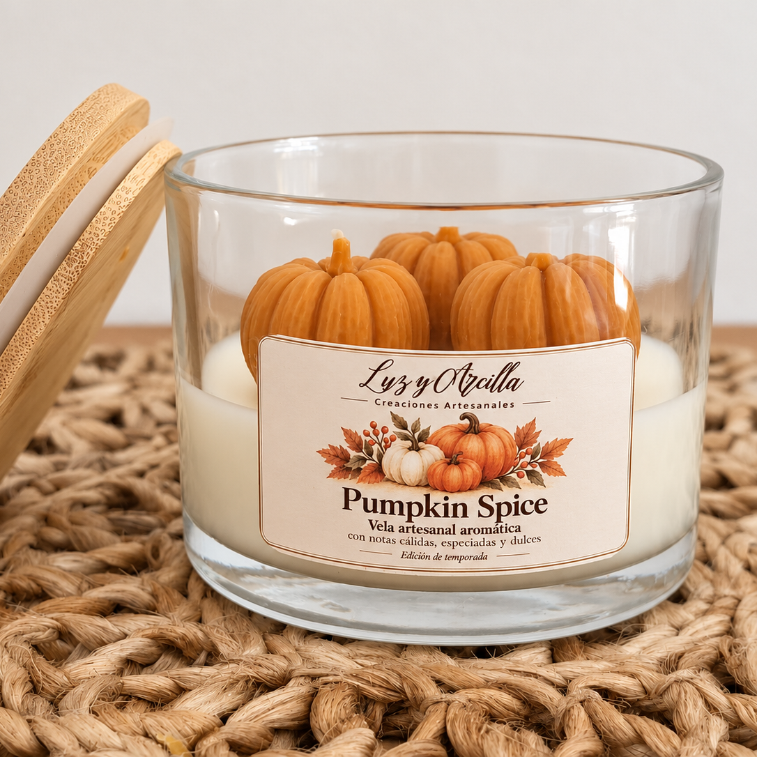 Vela Pumpkin Spice artesanal en escena otoñal