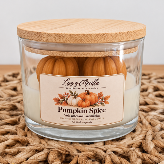 Vela aromática Pumpkin Spice de Luz y Arcilla con mini calabazas de cera