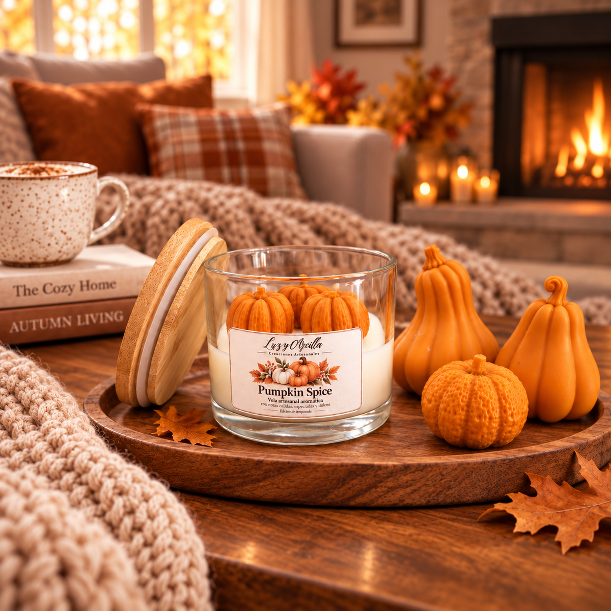 Vela Pumpkin Spice con tapa de madera y decoración otoñal