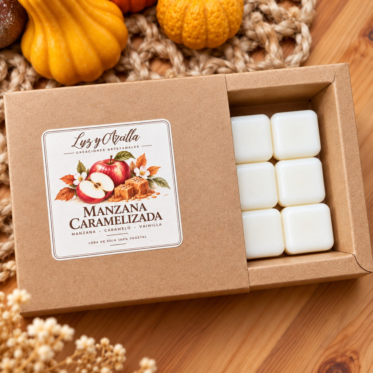Wax Melts Manzana Caramelizada 120 g en caja Kraft de Luz y Arcilla
