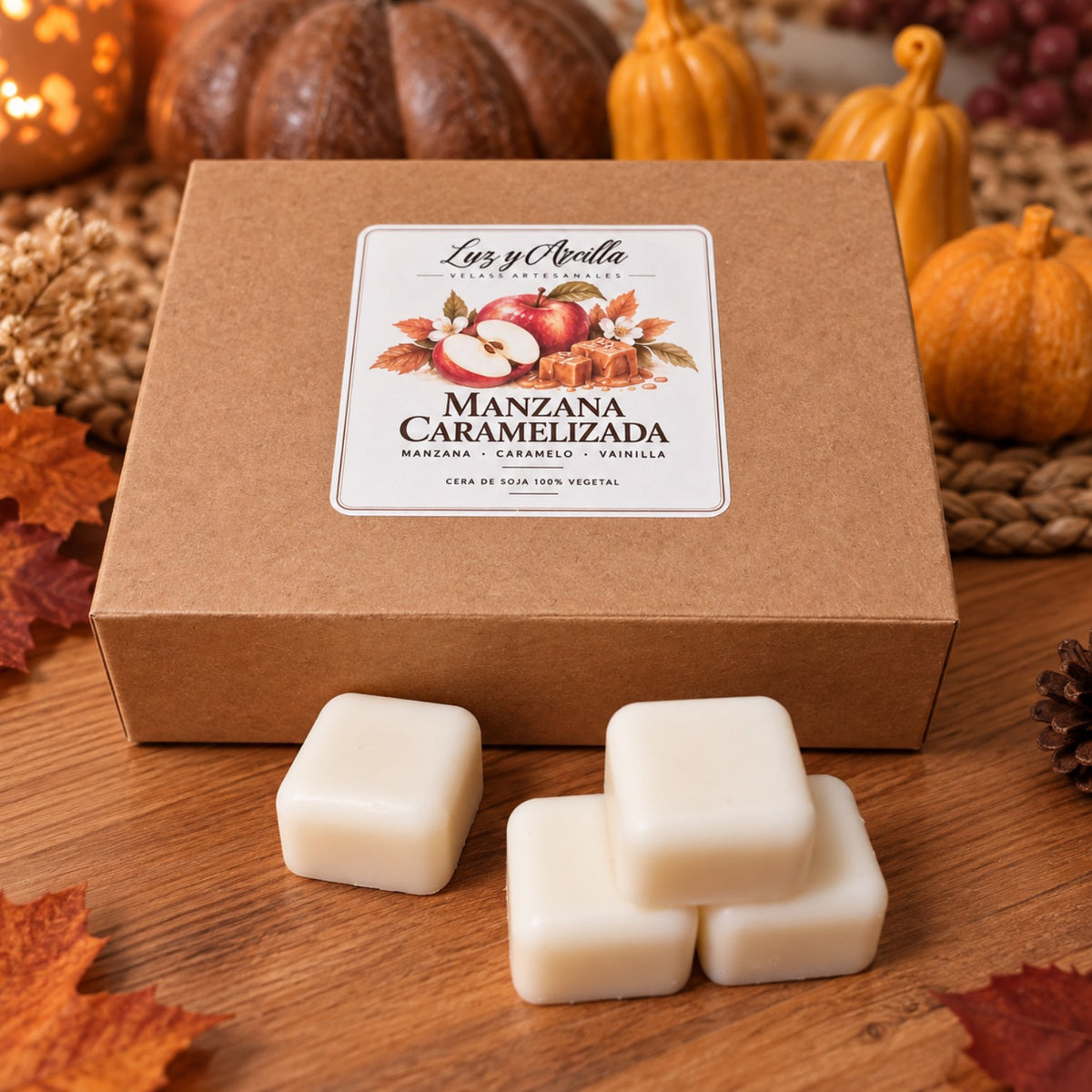 Wax Melts Manzana Caramelizada 120 g con presentación otoñal