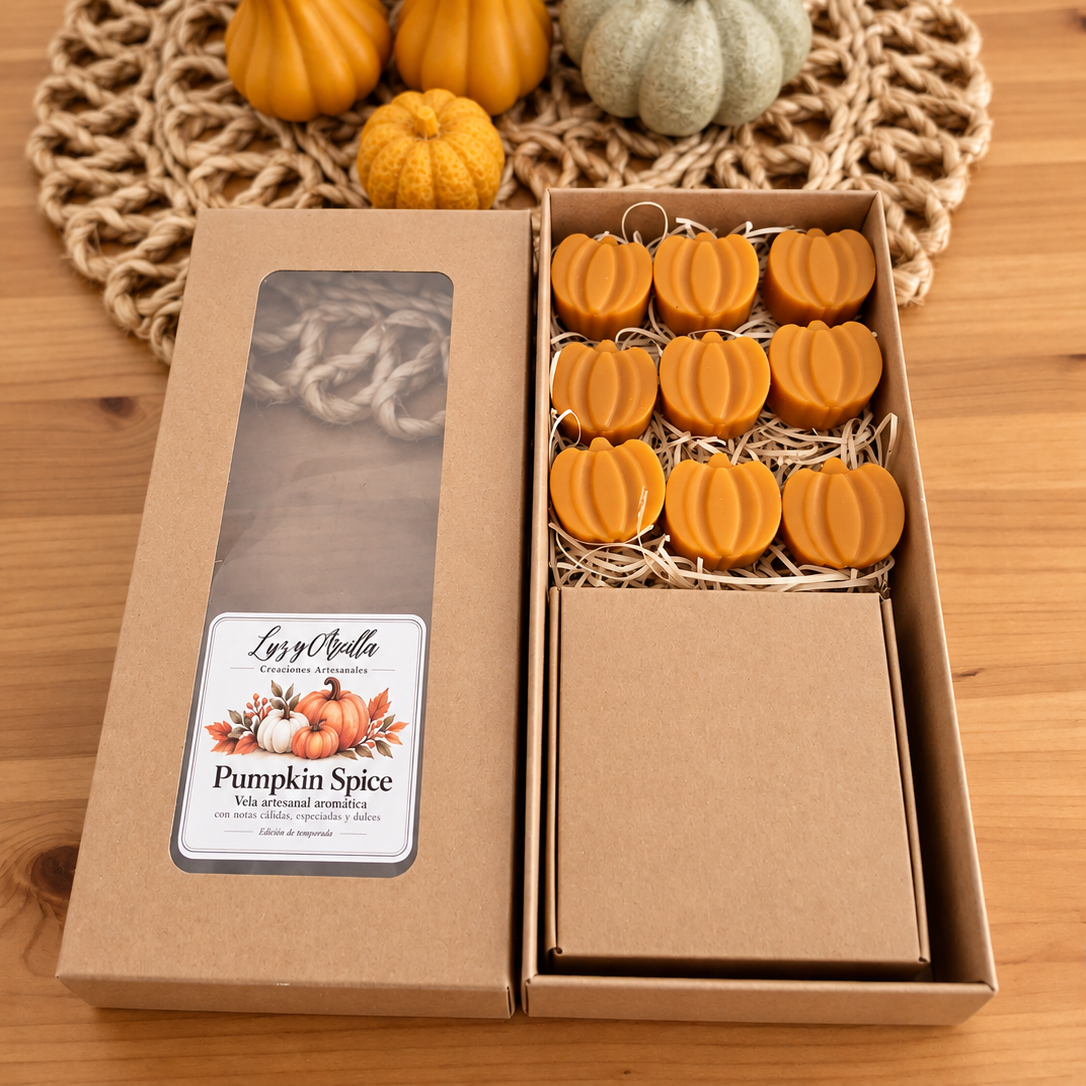 Detalle de mini calabazas de cera con aroma Pumpkin Spice